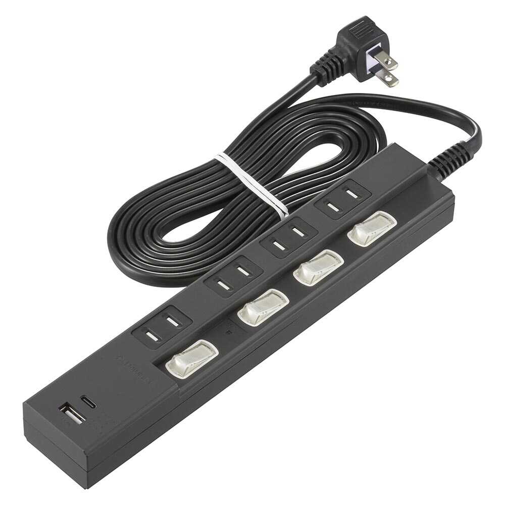 オーム電機 4個口 節電タップ雷ガードPD対応C／Aポート付 HS-TPKU42PD23-K
