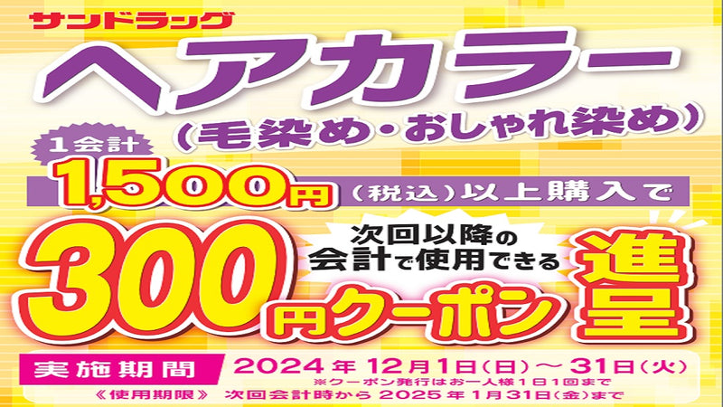 ヘアカラーまとめ買いクーポン進呈キャンペーン！ 2024年12月31日まで