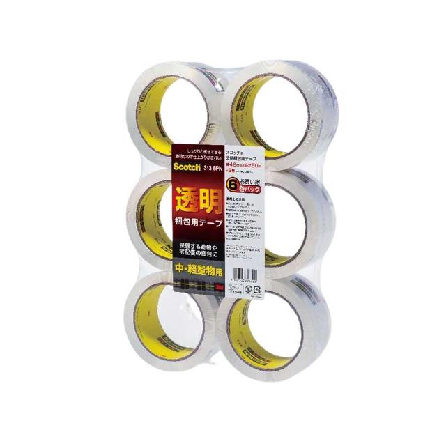 Transparent packing tape for medium and light weight 6-roll pack