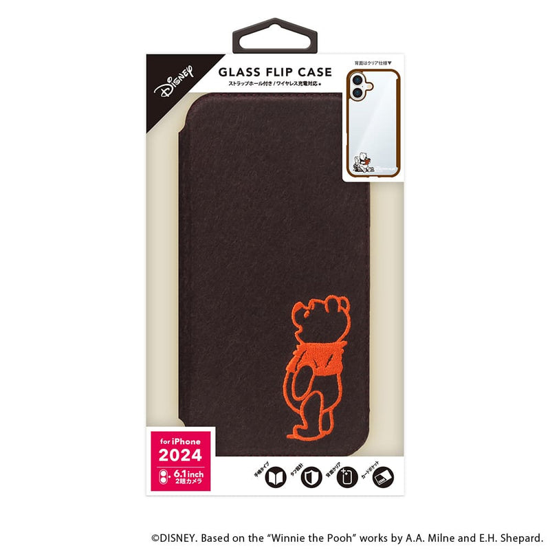 PGA iPhone 16用 ガラスフリップケース(フェルト) くまのプーさん PG-D24AGF06POO