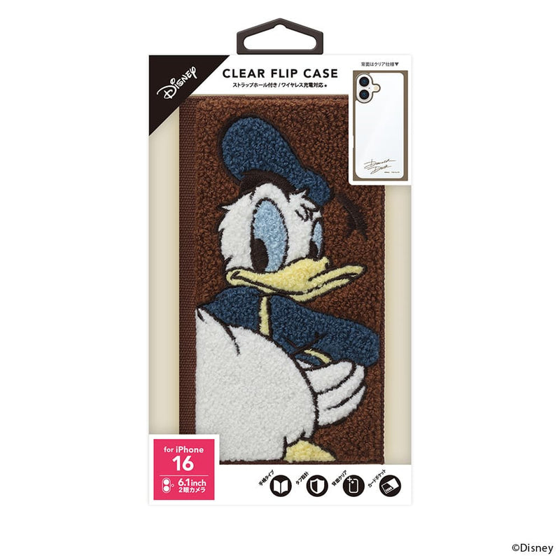 PGA iPhone 16用 クリアフリップケース (サガラ刺繍) ドナルドダック PG-D24ACF03DND