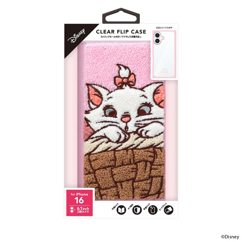 PGA iPhone 16用 クリアフリップケース(サガラ刺繍) ディズニーマリー PG-D24ACF04MAR