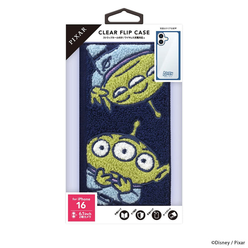 PGA iPhone 16用 クリアフリップケース(サガラ刺繍) エイリアン PG-D24ACF06LGM