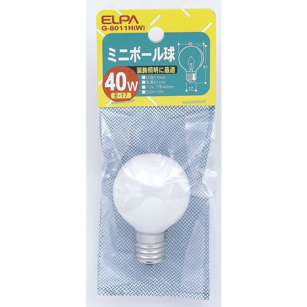 エルパ ELPA ミニボール球 白熱電球 E17 40W G-8011H(W)