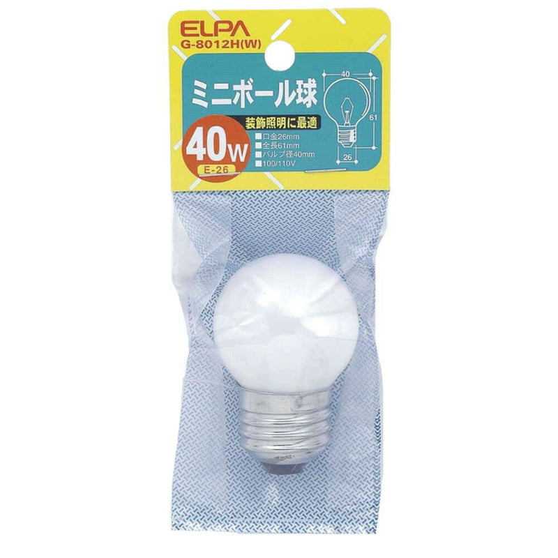 エルパ ELPA ミニボール球 白熱電球 E26 40W G-8012H（W）