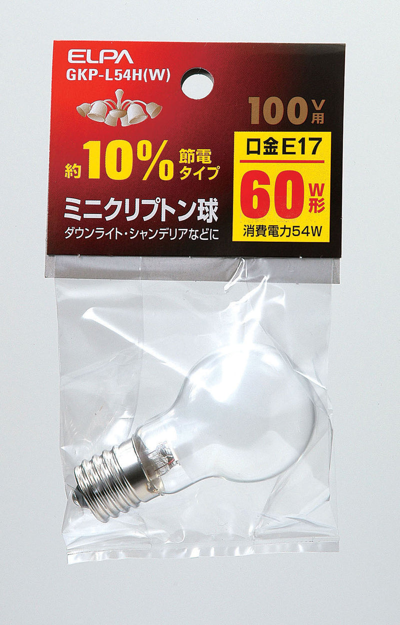 エルパ ELPA ミニクリプトン球 60W形 電球 照明 E17 100V 54W ホワイト GKP-L54H（W）