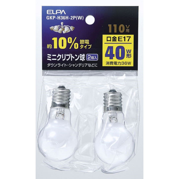 エルパ ELPA ミニクリプトン球 白熱電球 E17 40W形 2個入り GKP-H36H-2P(W)