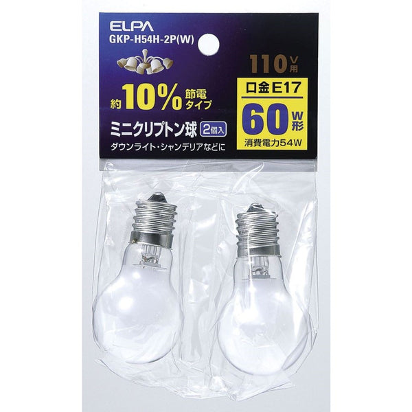 エルパ ELPA ミニクリプトン球 白熱電球 E17 60W形 2個入り GKP-H54H-2P(W)