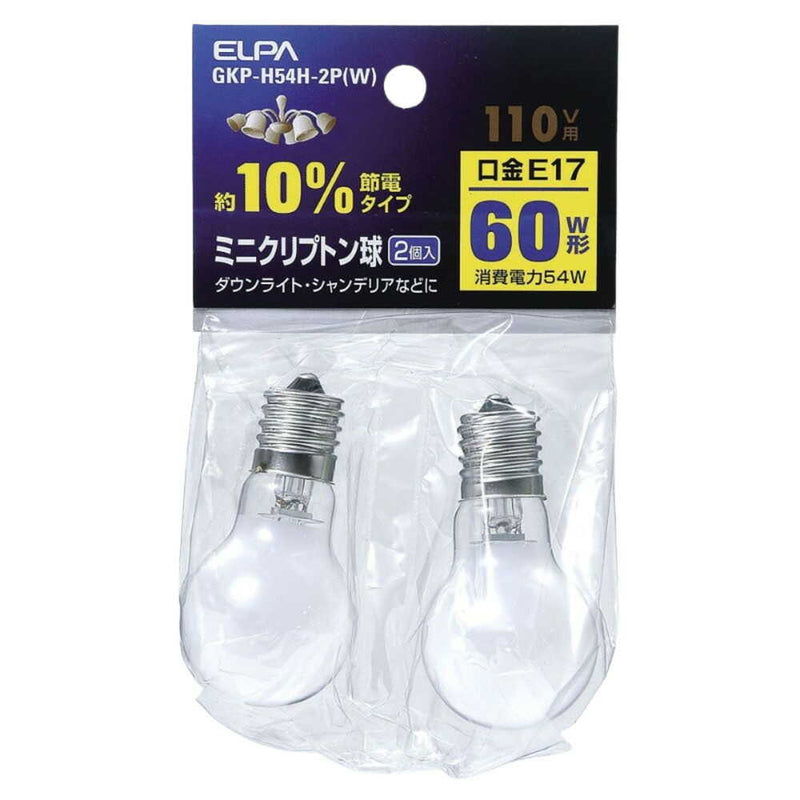 エルパ ELPA ミニクリプトン球 白熱電球 E17 60W形 GKP-H54H-2P（W） 2個入り