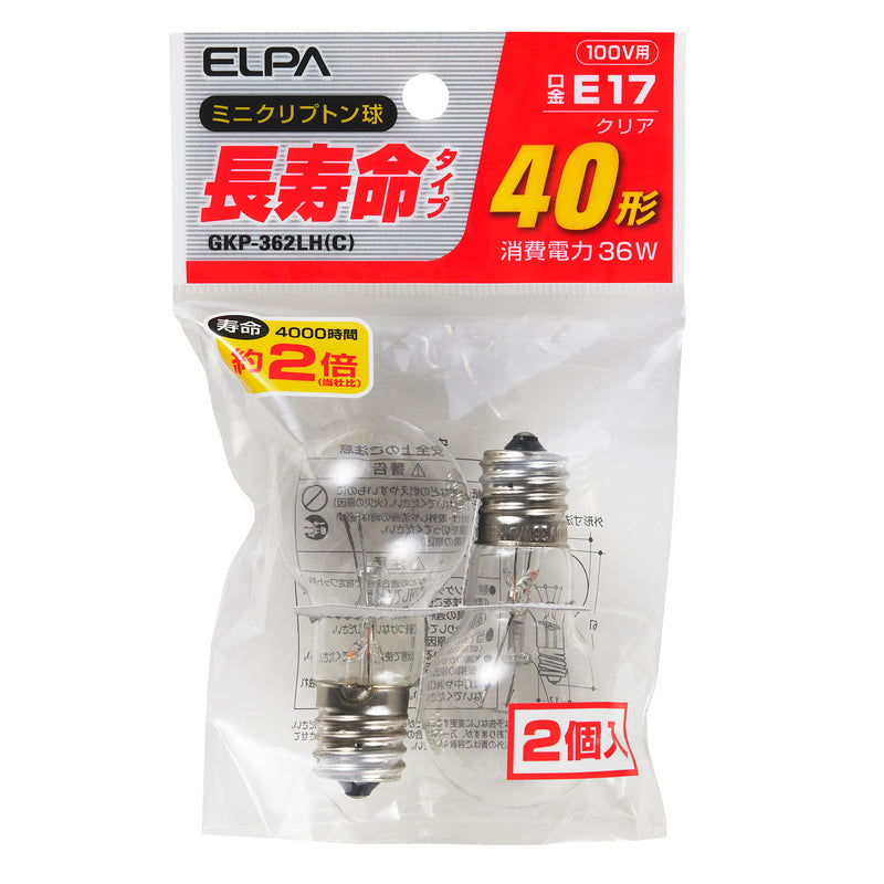 エルパ ELPA 長寿命ミニクリプトン球 40W形 電球 照明 E17 36W クリア 2個入 GKP-362LH（C）