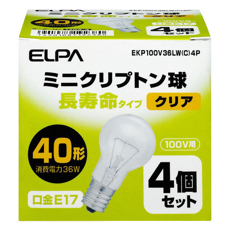 エルパ ELPA 長寿命ミニクリ 白熱電球 E17 40W形 4個入り EKP100V36LW(C)4P