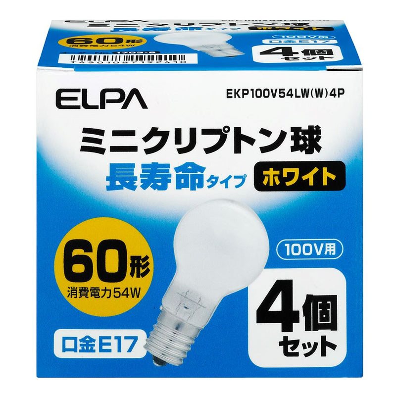 エルパ ELPA 長寿命ミニクリ 白熱電球 E17 60W形 4個入り EKP100V54LW(W)4P