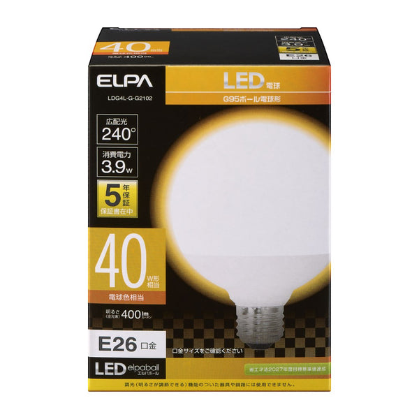 エルパ ELPA LED電球 ボール形G95 長寿命 広配光 E26 LDG4L-G-G2102