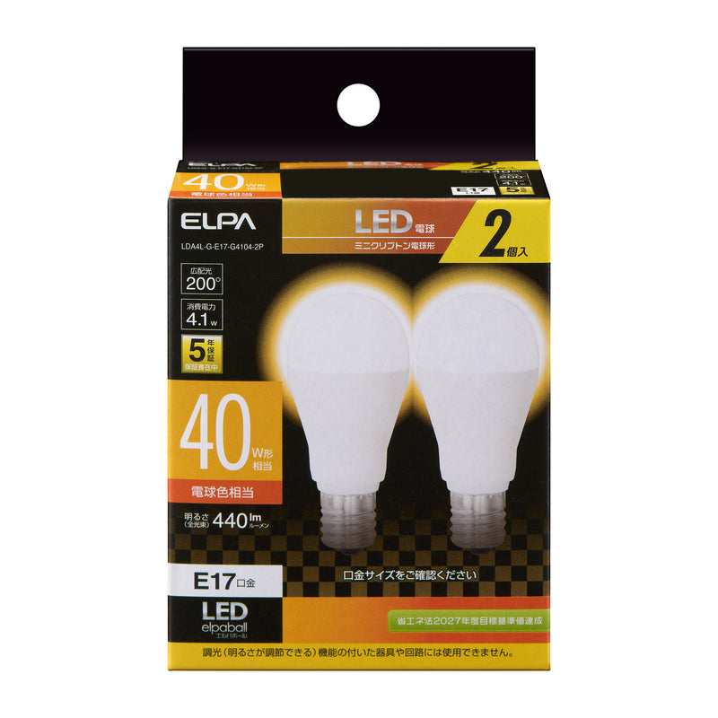 エルパ ELPA LED電球ミニクリプトン形 40W形 電球色 E17 2個入 LDA4L-G-E17-G4104-2P