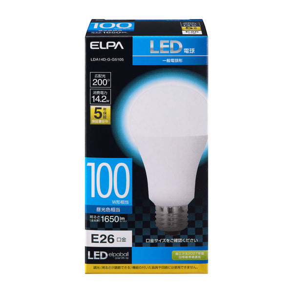 エルパ ELPA LED電球 100W形 昼光色 広配光 照明 E26 14.2W 屋内用 LDA14D-G-G5105