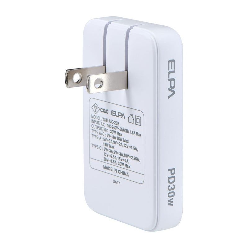 エルパ ELPA フラットUSBアダプター PD30W UC-23B ホワイト