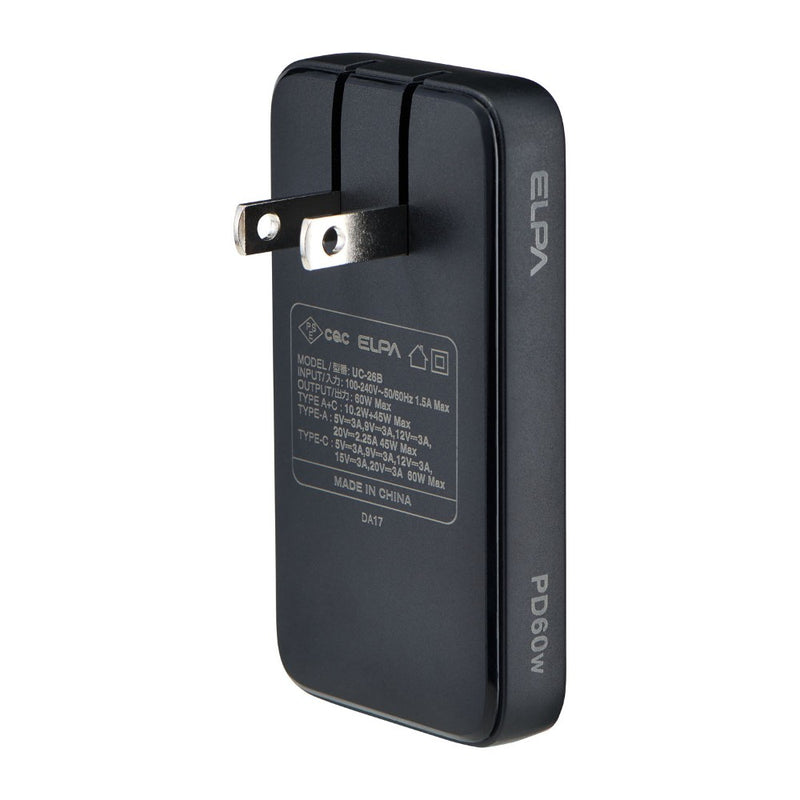 エルパ ELPA フラットUSBアダプター PD60W UC-26B ブラック
