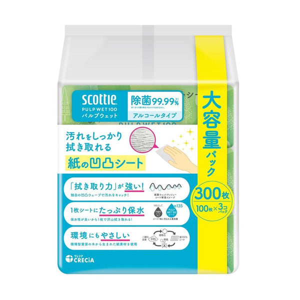 日本製紙 クレシア スコッティ ウェットティシュー 除菌 アルコールタイプ PULP WET 100枚×3コパック