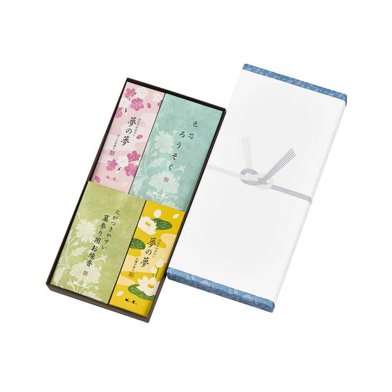 日本香堂 御香セット 1000° 包装品 1箱（夢の夢各種約40g、色芯ろうそく約50g、墓参線香4把入）