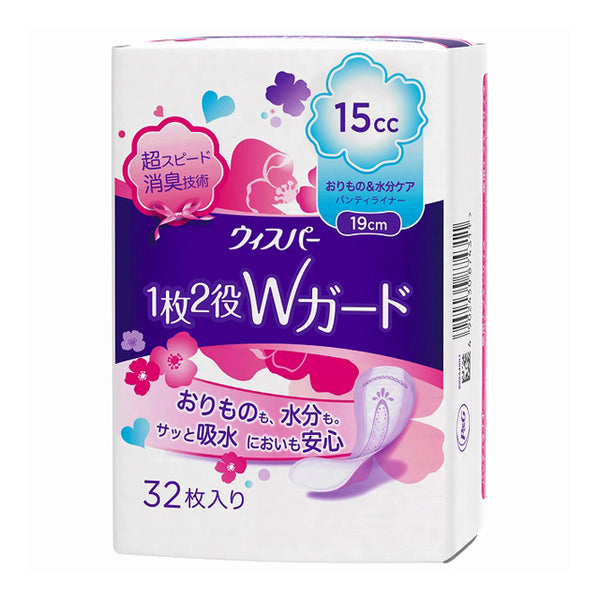 Whisper 1 sheet, 2 roles W guard Penetration &amp; moisture care 32 panty liners (15cc)