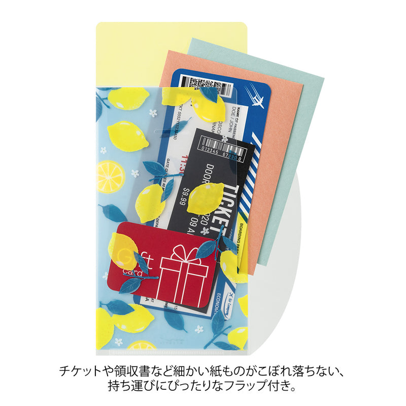ミドリ 3ポケットクリアホルダー A5スリム フラップ付 レモン柄 1個