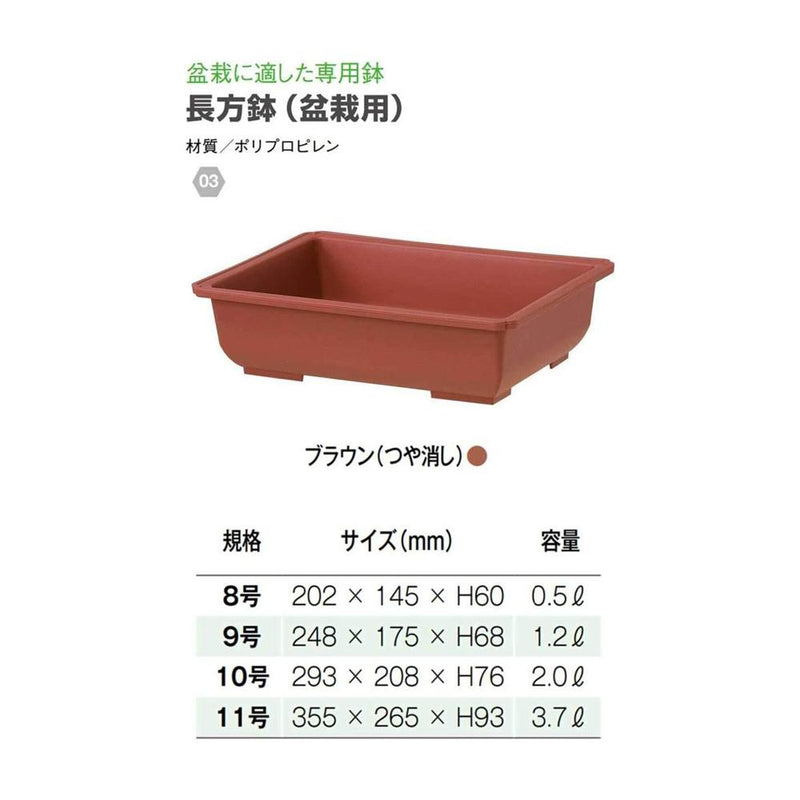 大和プラ販 長方鉢（盆栽用） ブラウン(つや消し) 8号