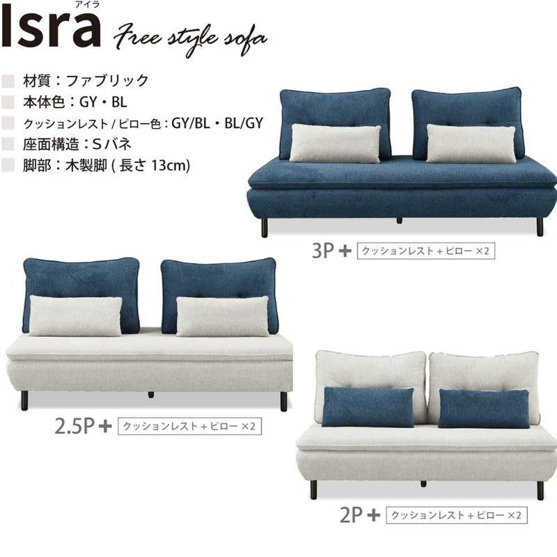ソファー Isra 2P＋背x2 GY、GY/BL 設置 メーカー直送▼返品・キャンセル不可【他商品との同時購入不可】