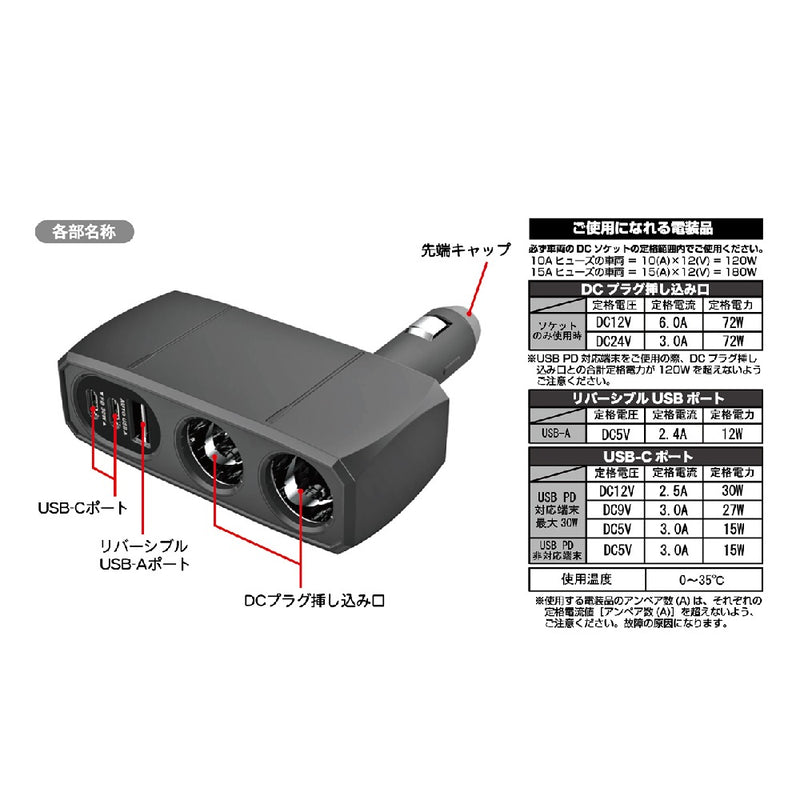 カシムラ 2連ダイレクトソケット 2PD30W / リバーシブルUSB自動判定 KX239