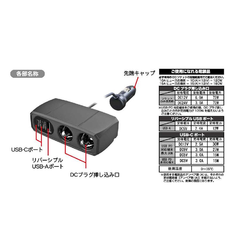 カシムラ 2連セパレートソケット 2PD30W / リバーシブルUSB自動判定 KX240