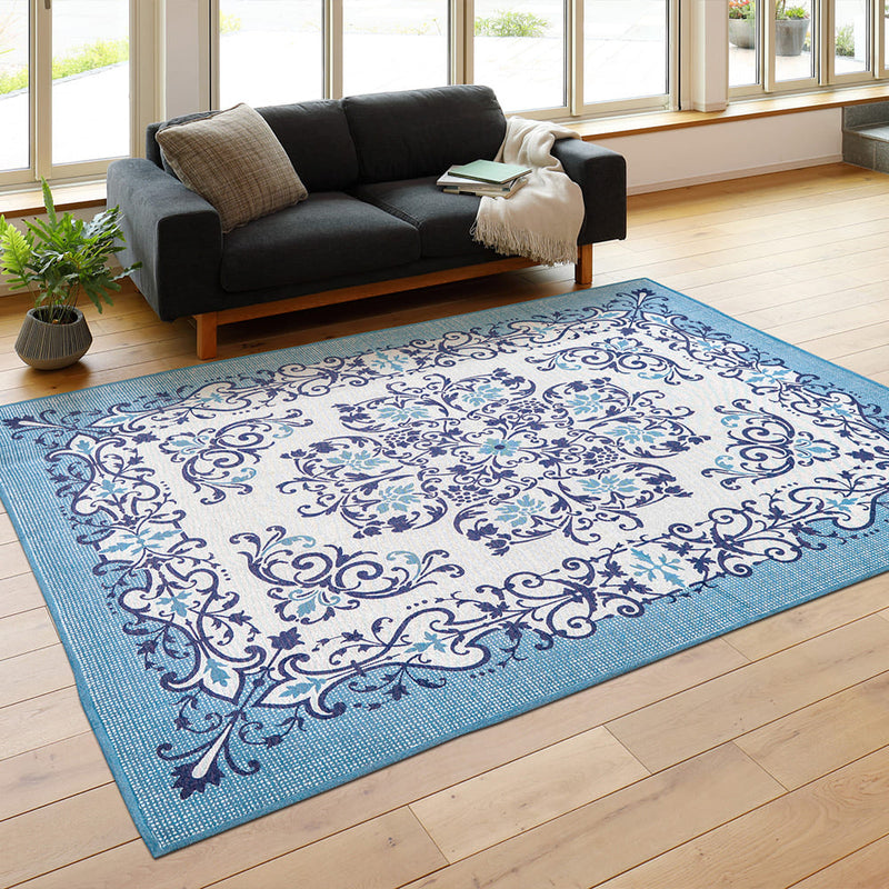 メダリオン柄のインド綿ラグ ソナー ブルー 185×240  メーカー直送 ▼返品・キャンセル不可【他商品との同時購入不可】
