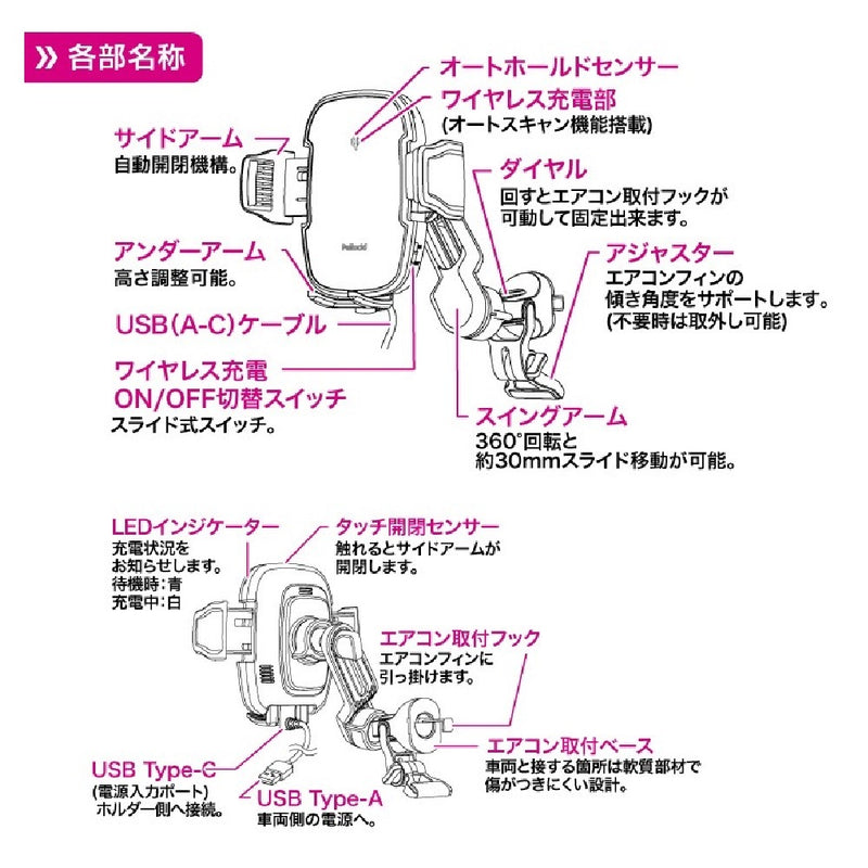 ペルシード ワイヤレス充電 自動開閉スマホホルダー エアコン取付 PPH2306