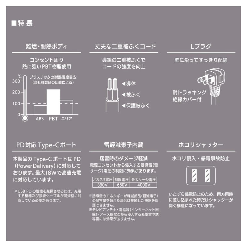 オーム電機 3個口タップ雷ガードPD対応タイプC，Aポート1m