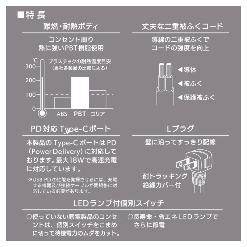 オーム電機 3個口節電タップPD対応タイプC，Aポート付き1m