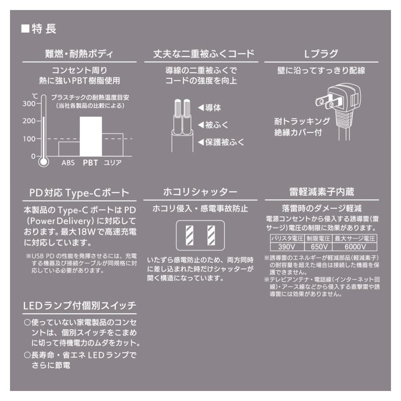 オーム電機 4個口節電タップ雷ガードPD対応C，Aポート付1m