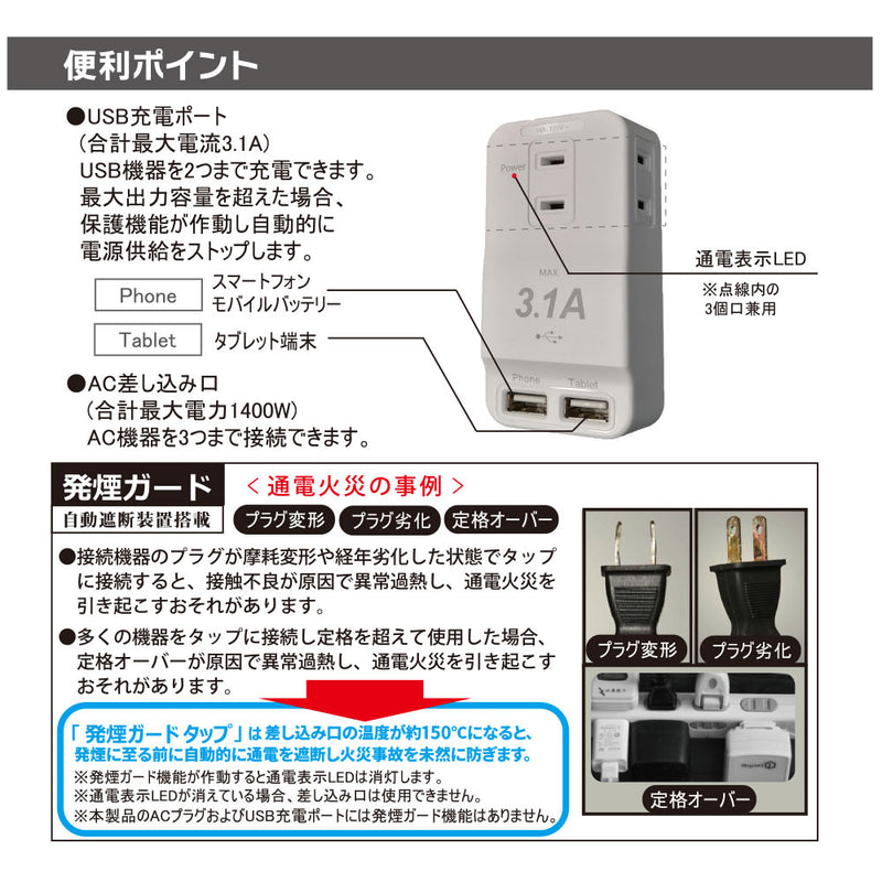 オーム電機　発煙ガード安全タップ３個口　ＵＳＢポート２個口付