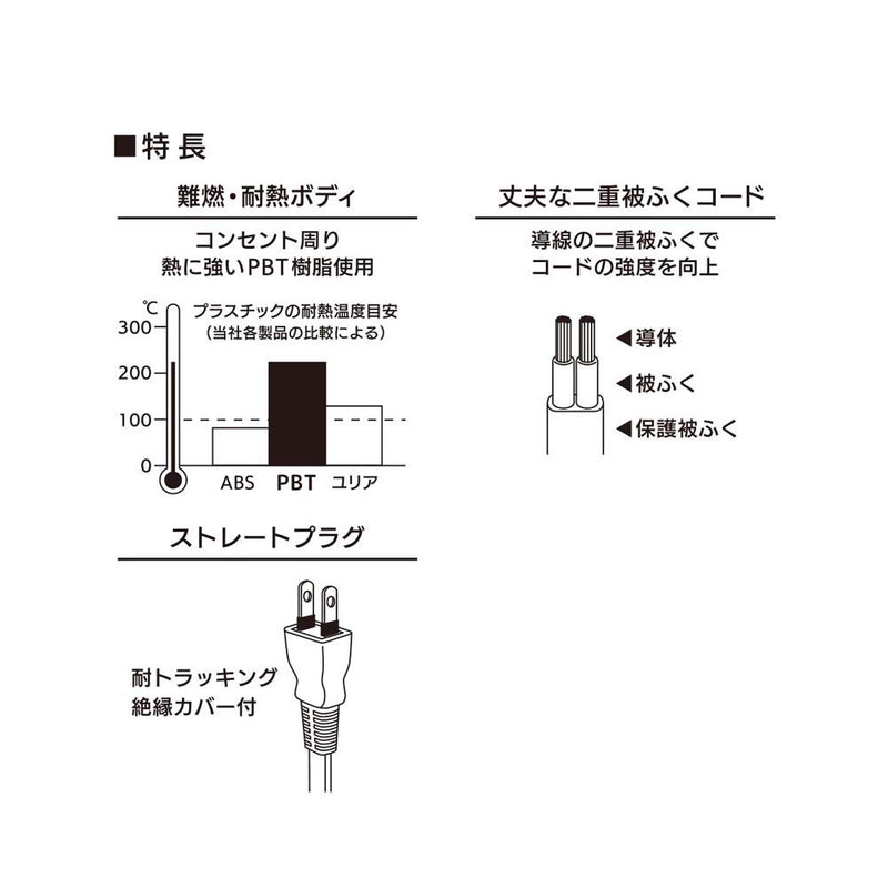 オーム電機 延長コード ストレートプラグ 2m 1個