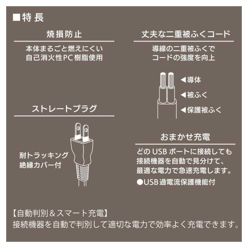 オーム電機 2ポートUSB充電器 1m