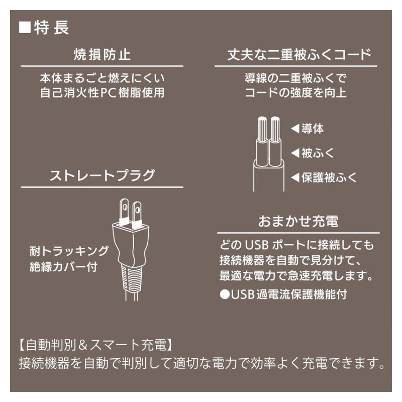 オーム電機　２ポートＵＳＢ充電器　２ｍ