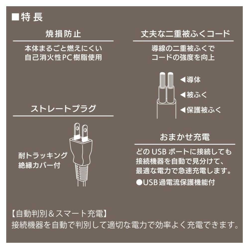 オーム電機 2ポートUSB充電器 3m