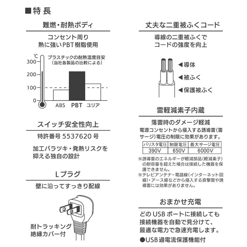 オーム電機 節電タップ雷ガード4個口 USBポート付き 2m