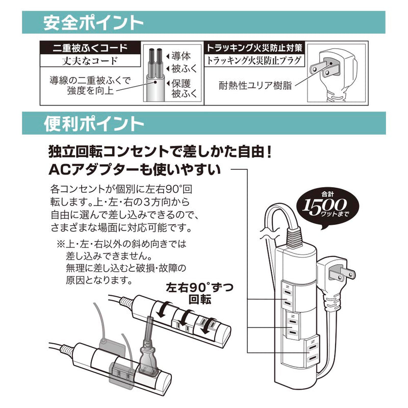 オーム電機　回転スリムタップ　３個口　１．５ｍ