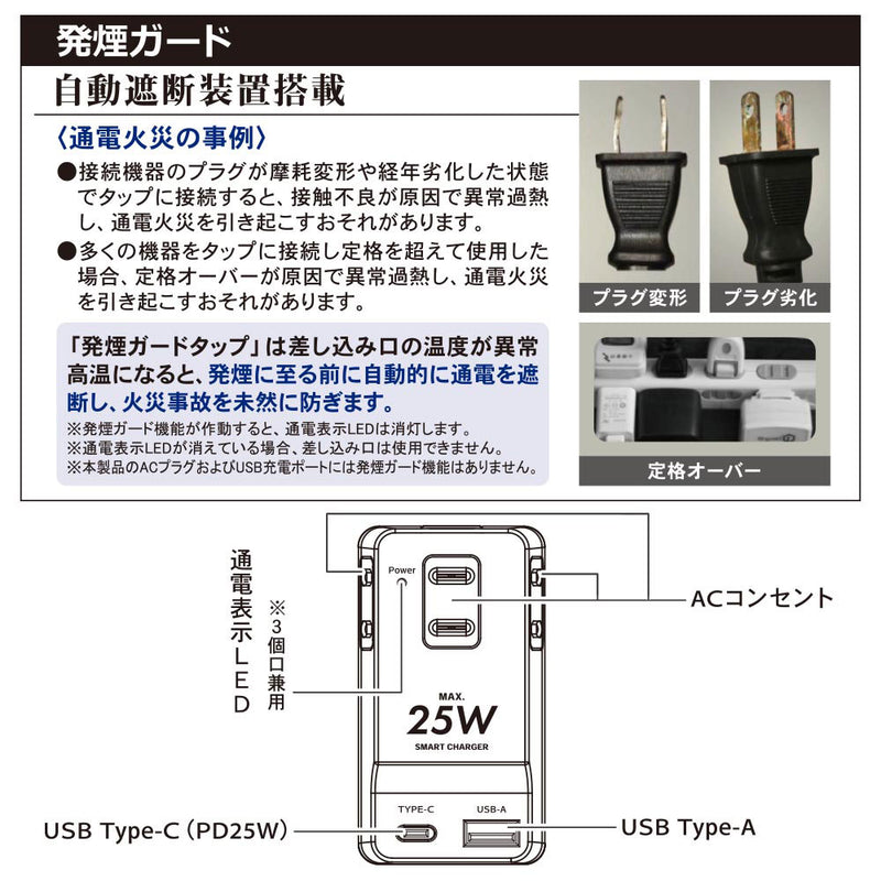 オーム電機 発煙ガード USB付タップ 3個口