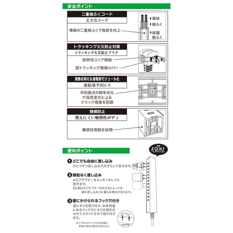 オーム電機 差し込み自由なスリムタップ6.5個口