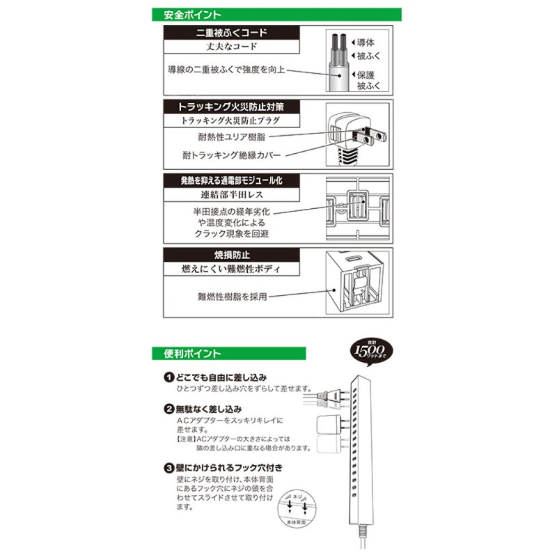 オーム電機 差し込み自由なスリムタップ8.5個口