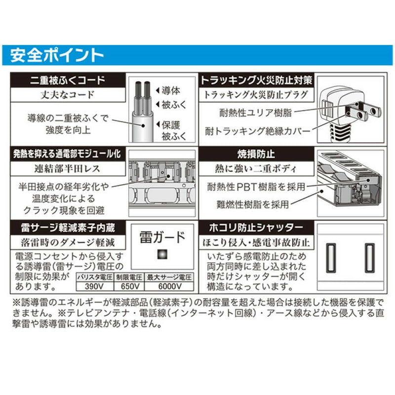 オーム電機 雷に強い節電タップ 6個口 3m