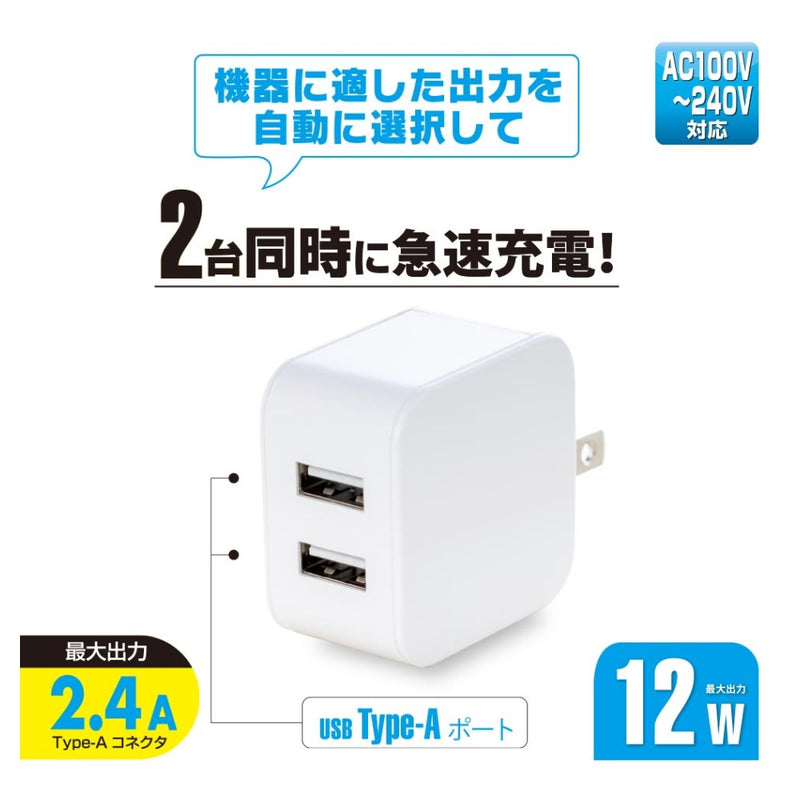 オーム電機 AC充電器 12W Type-A×2 1個