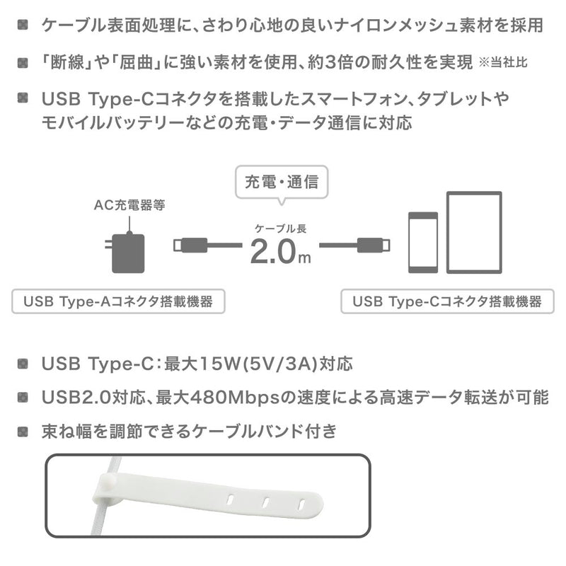 オーム電機 さらさらUSBケーブル A-C 2m
