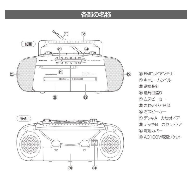 オーム電機 ダブルラジオカセットレコーダー AM／FMステレオ