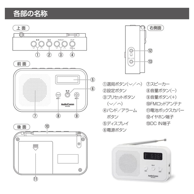 オーム電機 AudioComm 2バンドハンディラジオ 1個