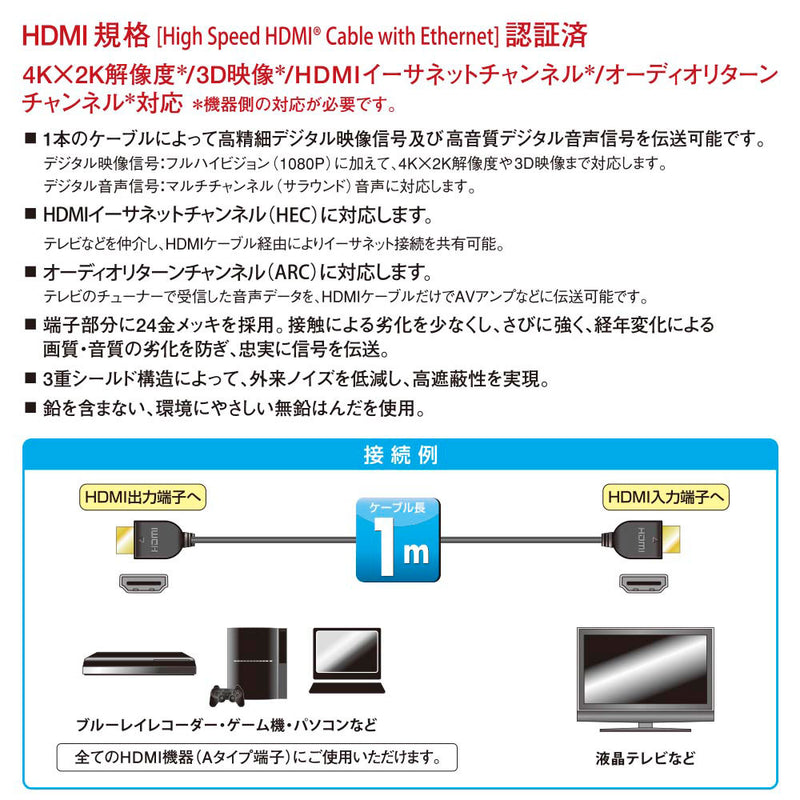 オーム電機 ハイスピードHDMIケーブル 1m